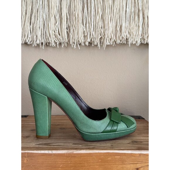 Vintage DKNY Artemisia Made in Italy Green Leather Bow Platform Pumps Size 8.5 - Picture 9 of 15